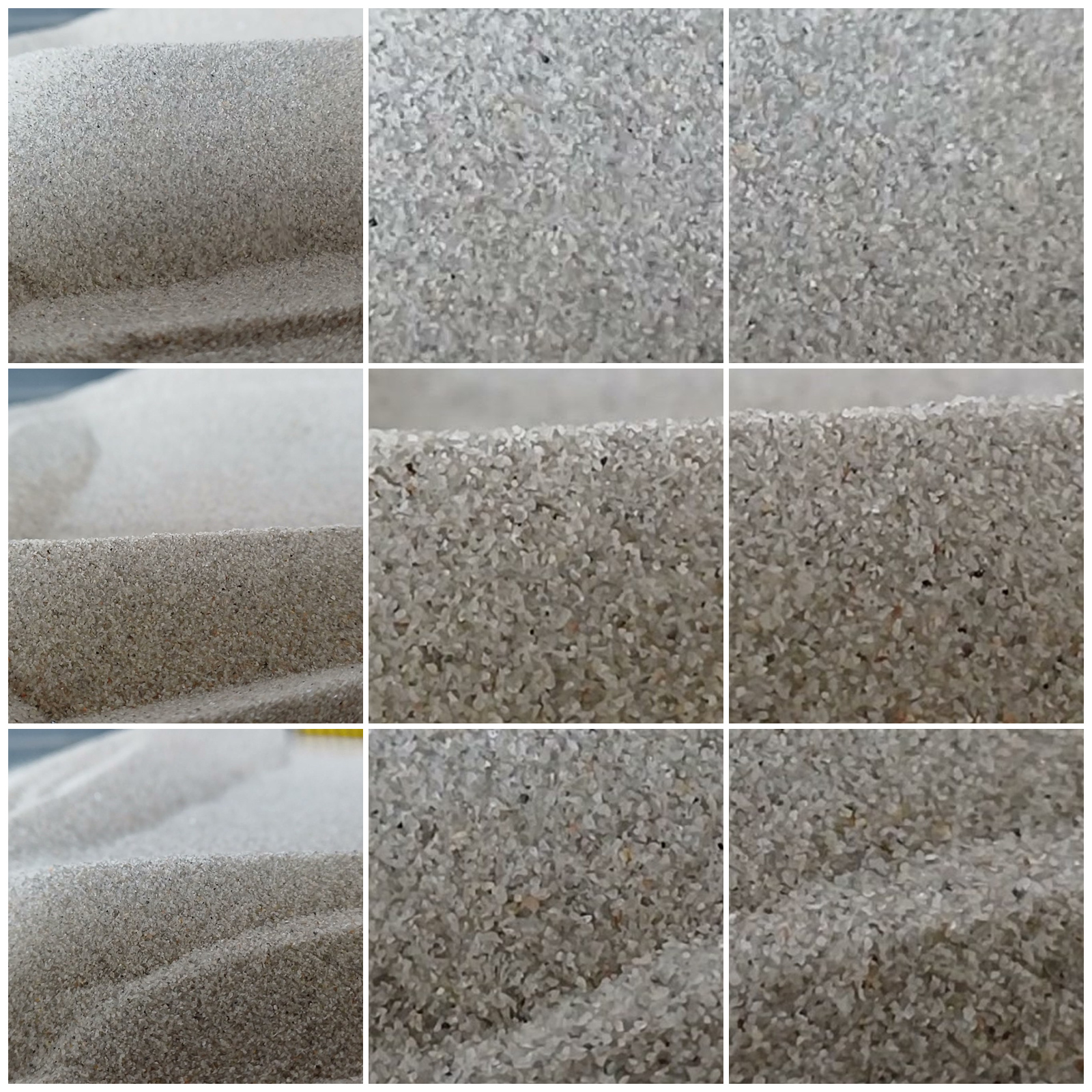 Chinchillasand Naturgrau, 0,1–0,3 mm, 5 kg: Collage aus neun Ansichten der Sandoberfläche und Kornstruktur.