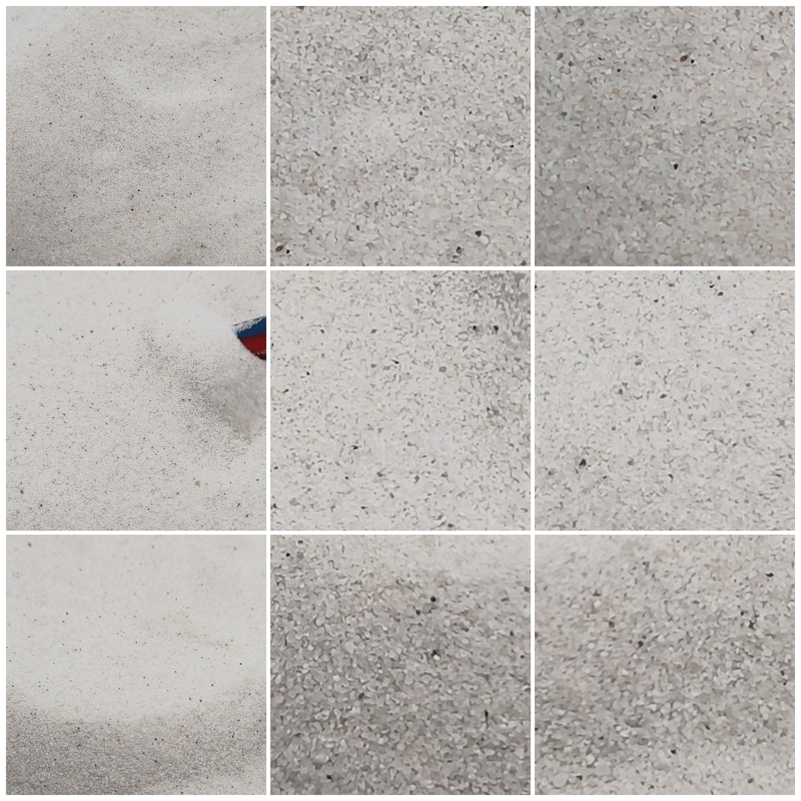 Aquariumsand Naturweiß, 0,1–0,4 mm, 25 kg: Collage aus neun Ansichten der Sandoberfläche und Kornstruktur.