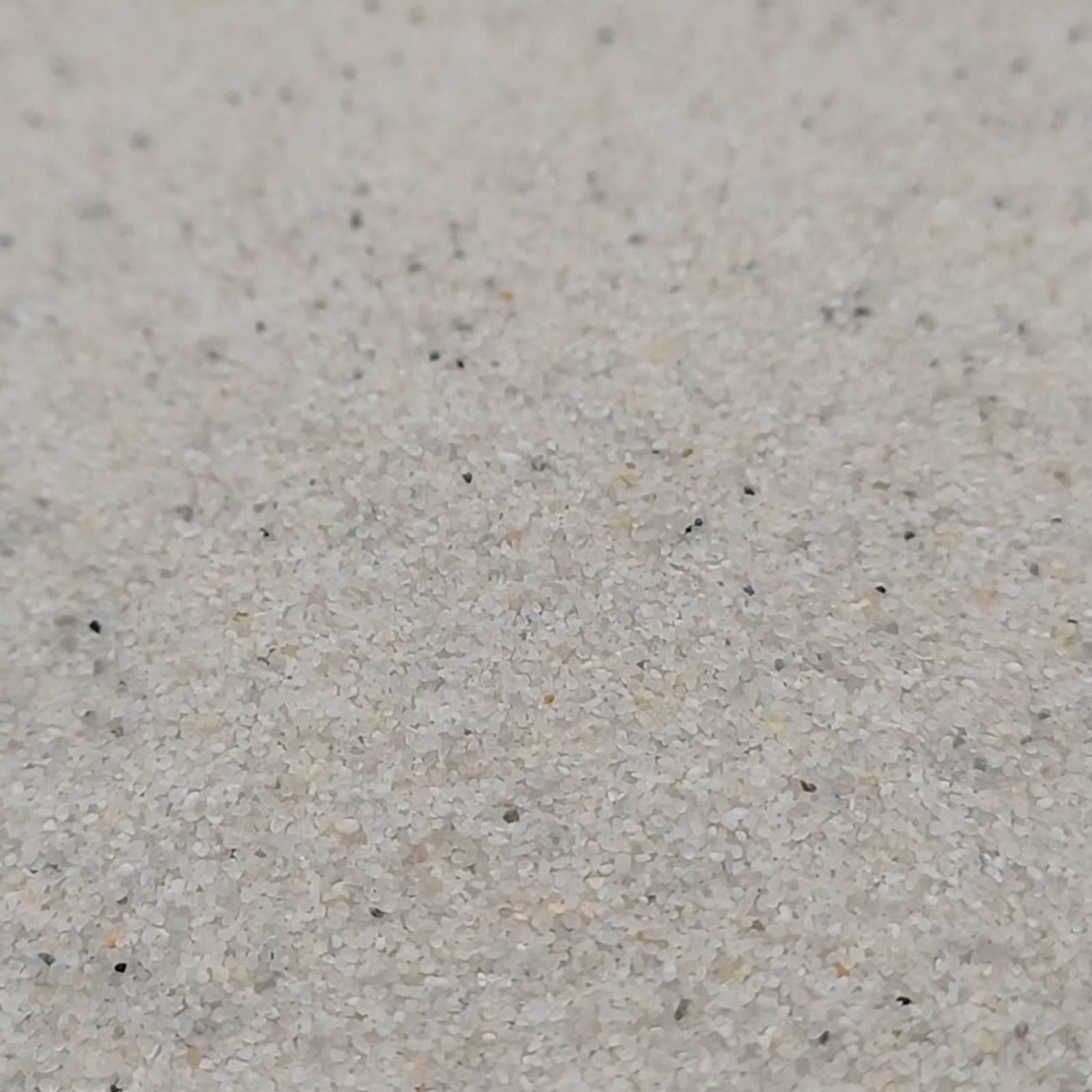 Vogelsand Naturweiß, 0,2–0,5 mm, 20 kg: Flache Sandfläche mit dunklen Einzelkörnern.