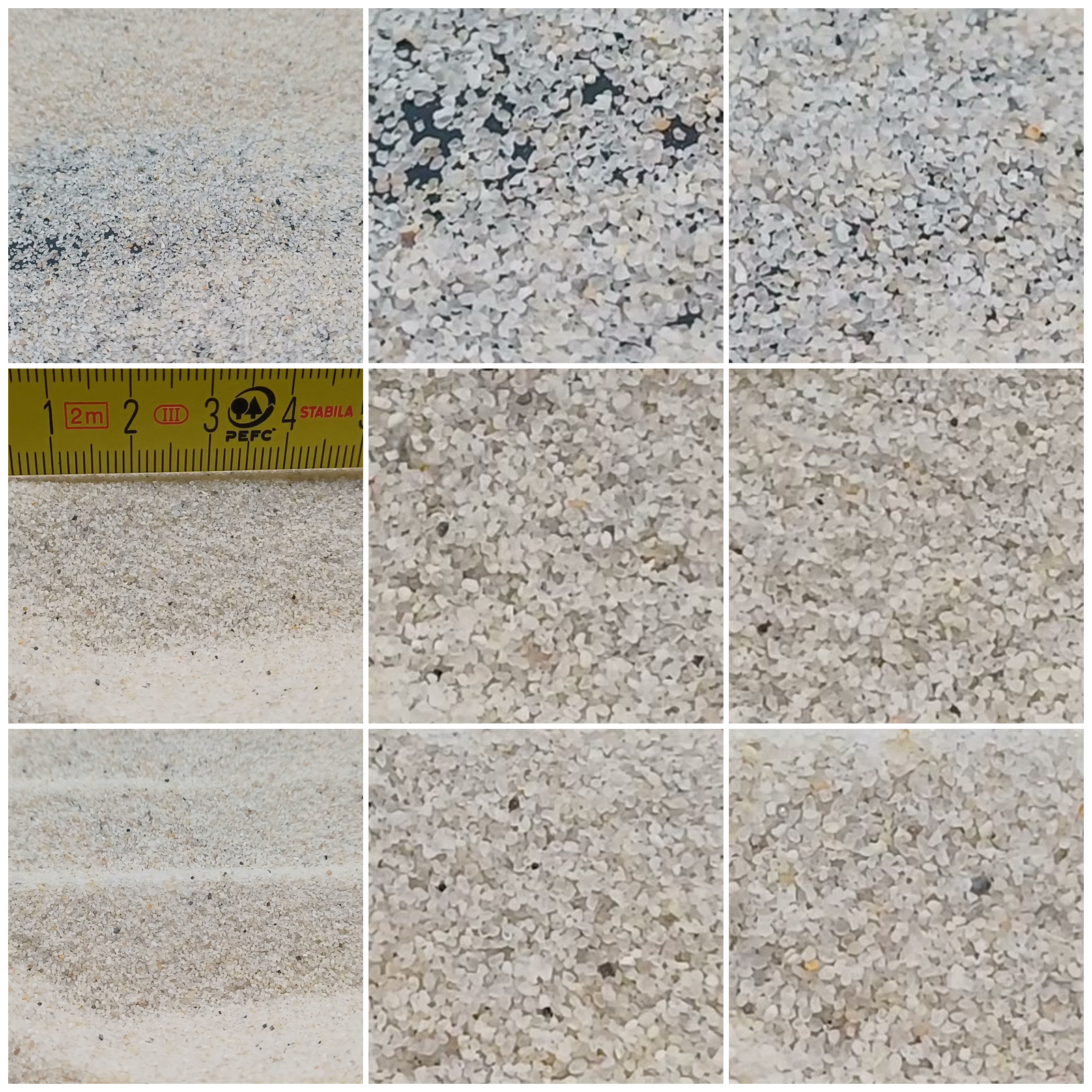 Aquariumsand Naturweiß, 0,2–0,5 mm, 25 kg: Collage aus neun Ansichten der Sandoberfläche und Kornstruktur.