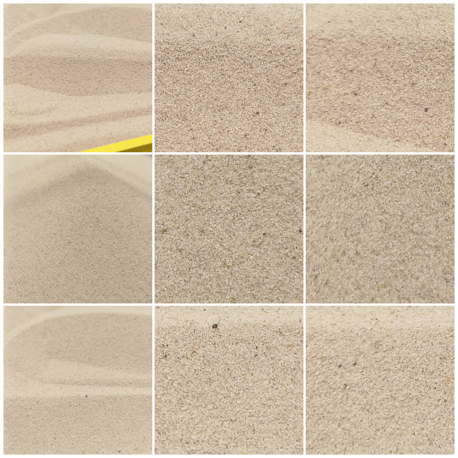 Aquariumsand Naturbeige, 0,1–0,4 mm, 25 kg: Collage aus neun Ansichten der Sandoberfläche und Kornstruktur.