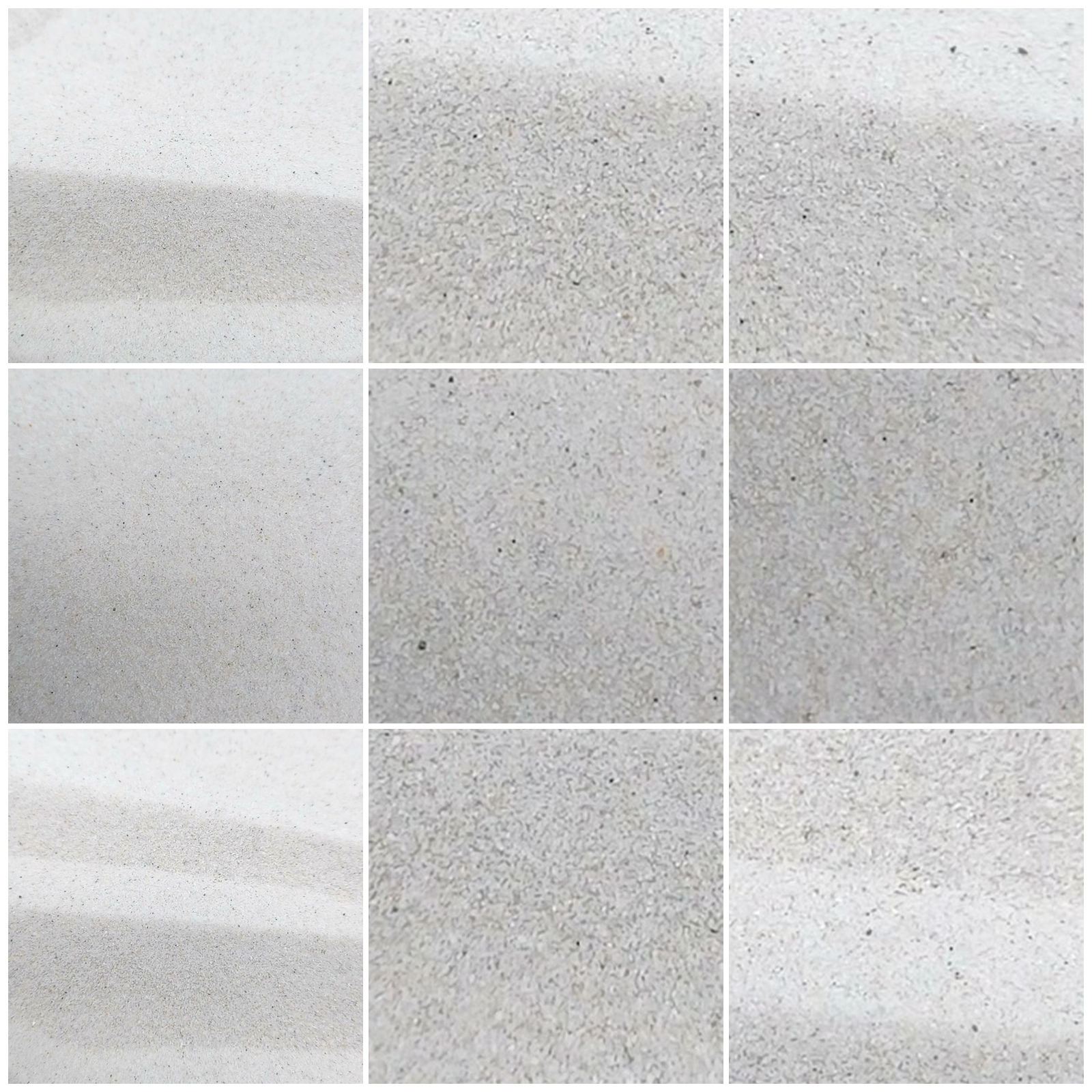 Chinchillasand Naturweiß, 0,1–0,3 mm, 9 kg: Collage aus neun Ansichten der Sandoberfläche und Kornstruktur.