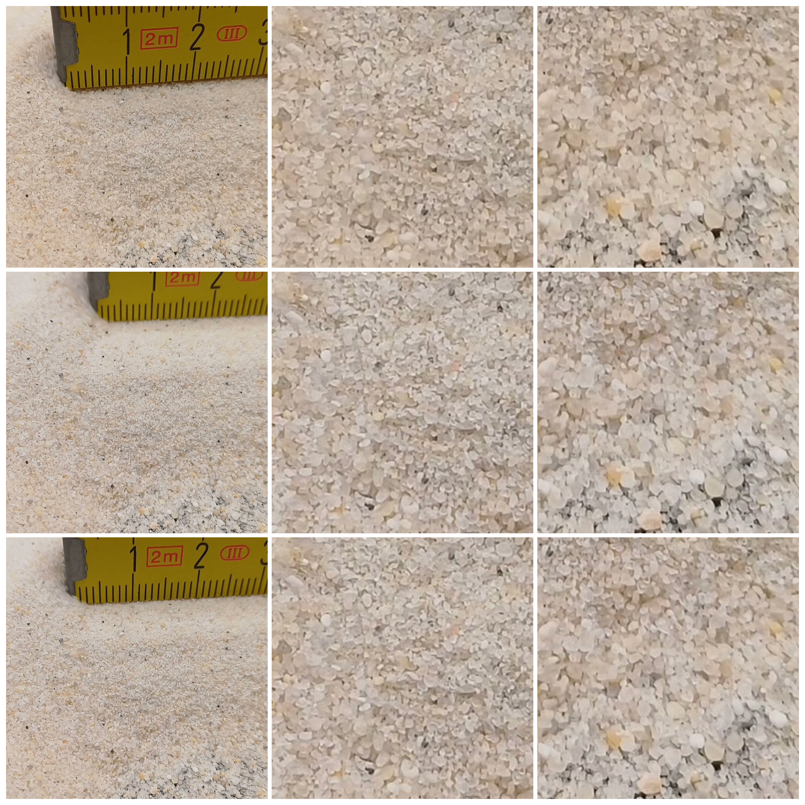 Industriesand Naturweiß, 0,1–0,6 mm, 25 kg: Collage aus neun Ansichten der Sandoberfläche und Kornstruktur.