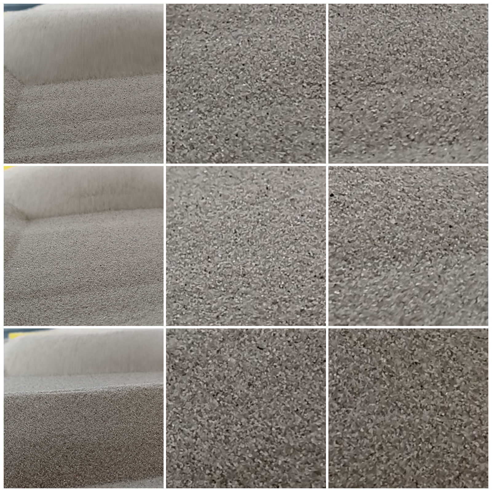 Vogelsand Naturgrau, 0,1–0,4 mm, 25 kg: Collage aus neun Ansichten der Sandoberfläche und Kornstruktur.