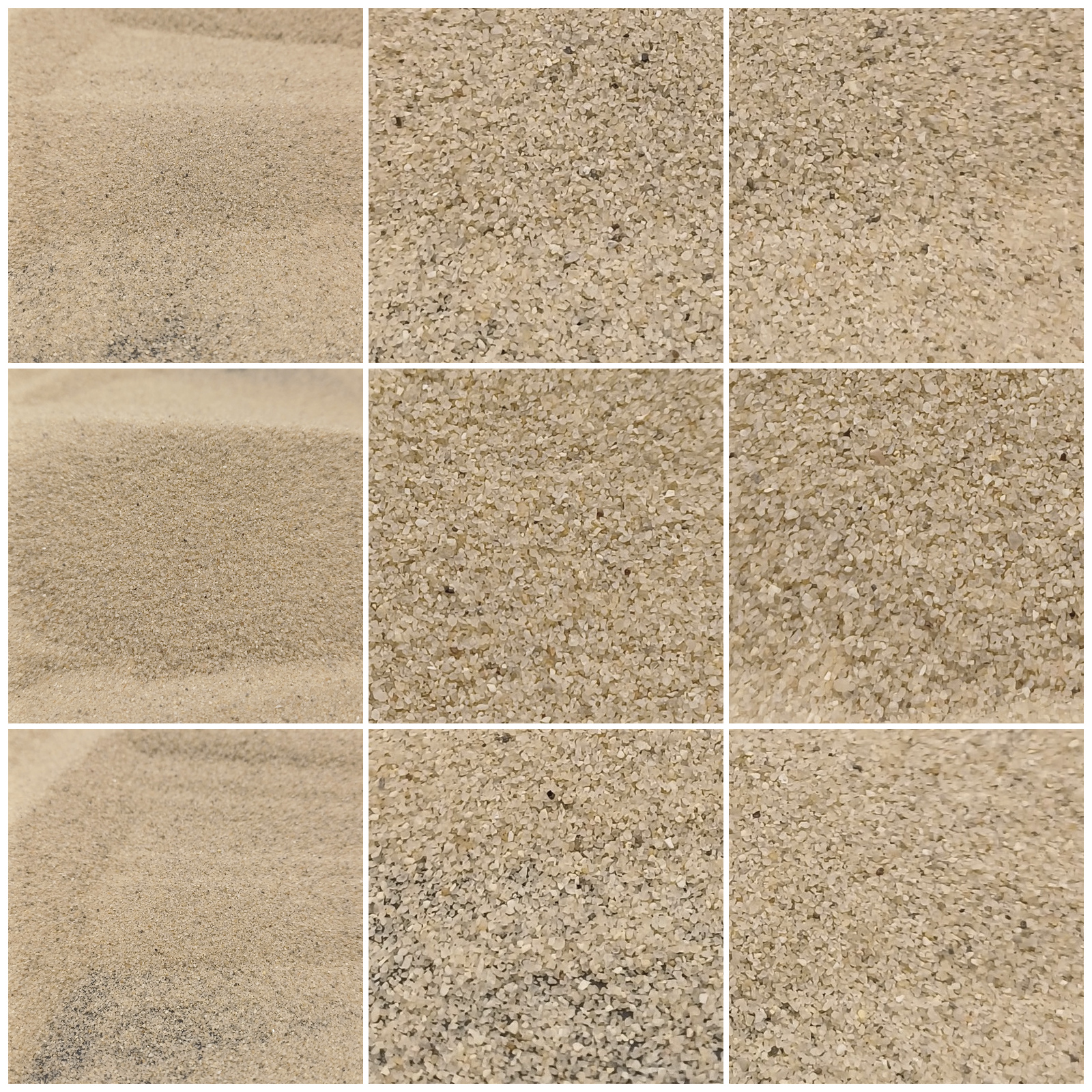Aquariumsand Naturbeige, 0,1–0,5 mm, 6,3 kg: Collage aus neun Ansichten der Sandoberfläche und Kornstruktur.