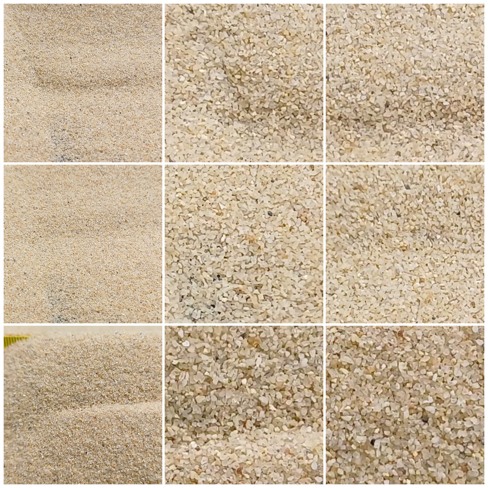 Aquariumsand Naturbeige, 0,2–0,7 mm, 10 kg: Collage aus neun Ansichten der Sandoberfläche und Kornstruktur.