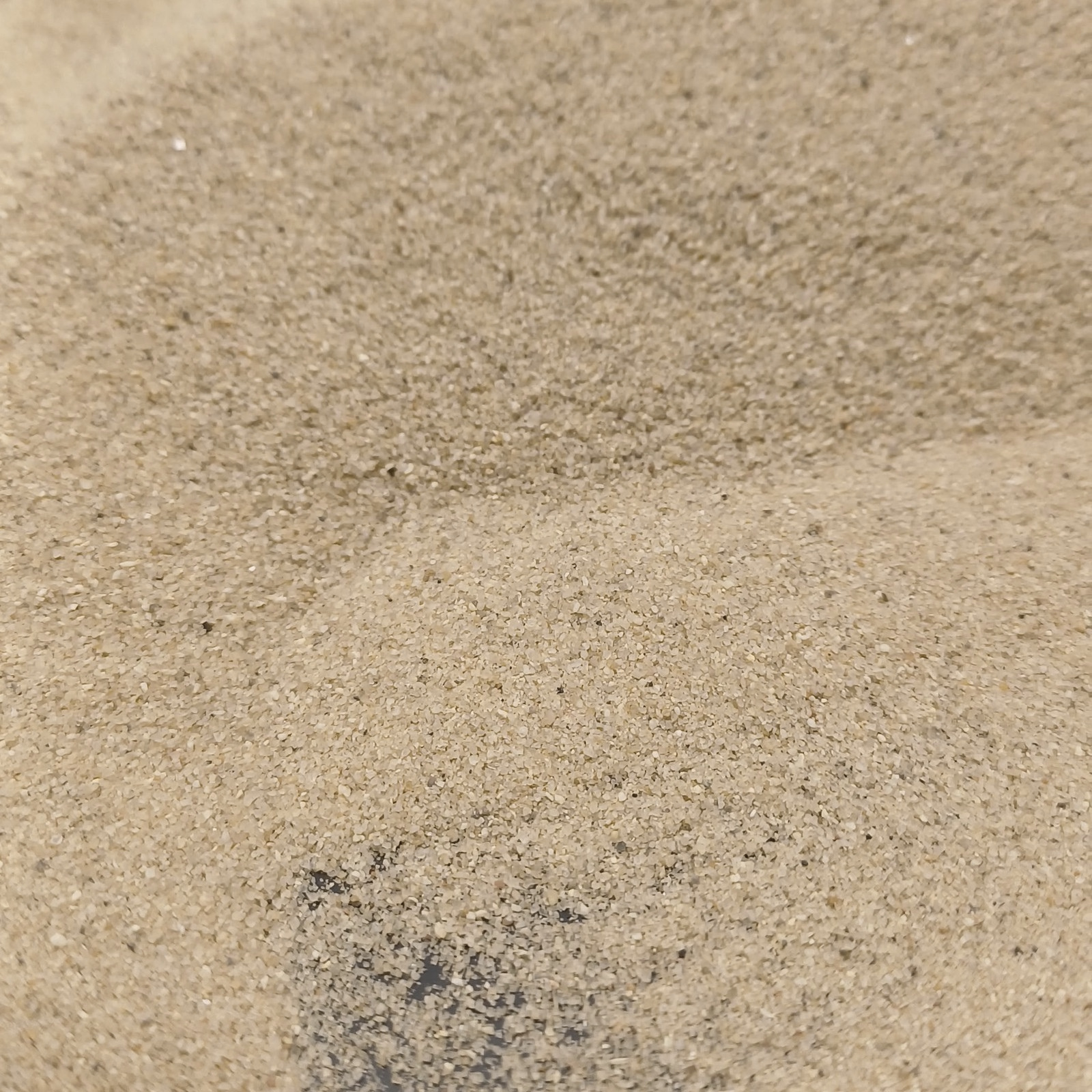 Aquariumsand Naturbeige, 0,1–0,5 mm, 19 kg: Beige Sandfläche mit dunklem Untergrund im Vordergrund.