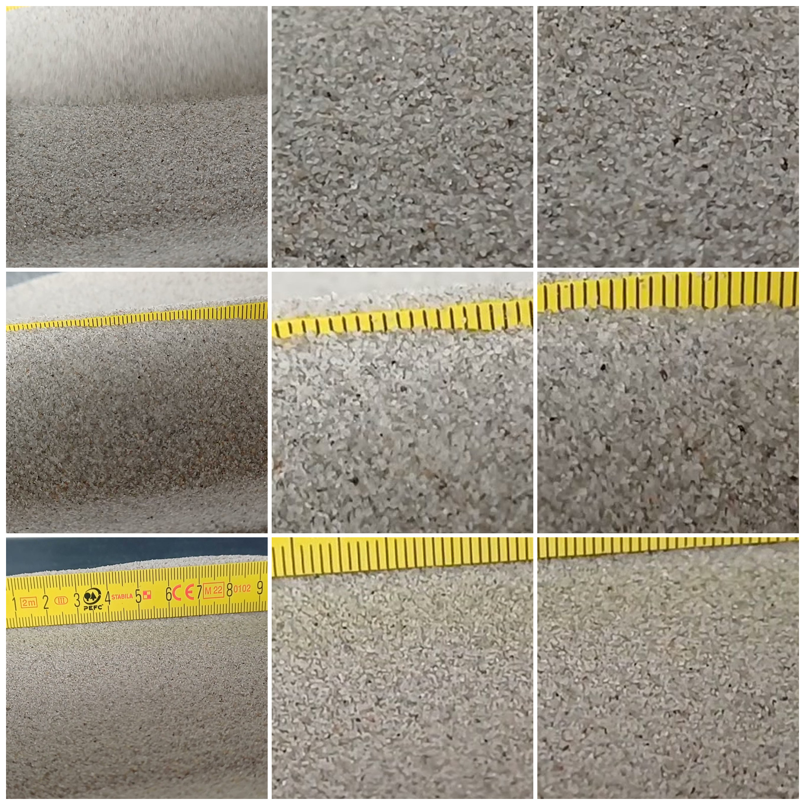Aquariumsand Naturgrau, 0,1–0,5 mm, 19 kg: Collage aus neun Ansichten der Sandoberfläche und Kornstruktur.