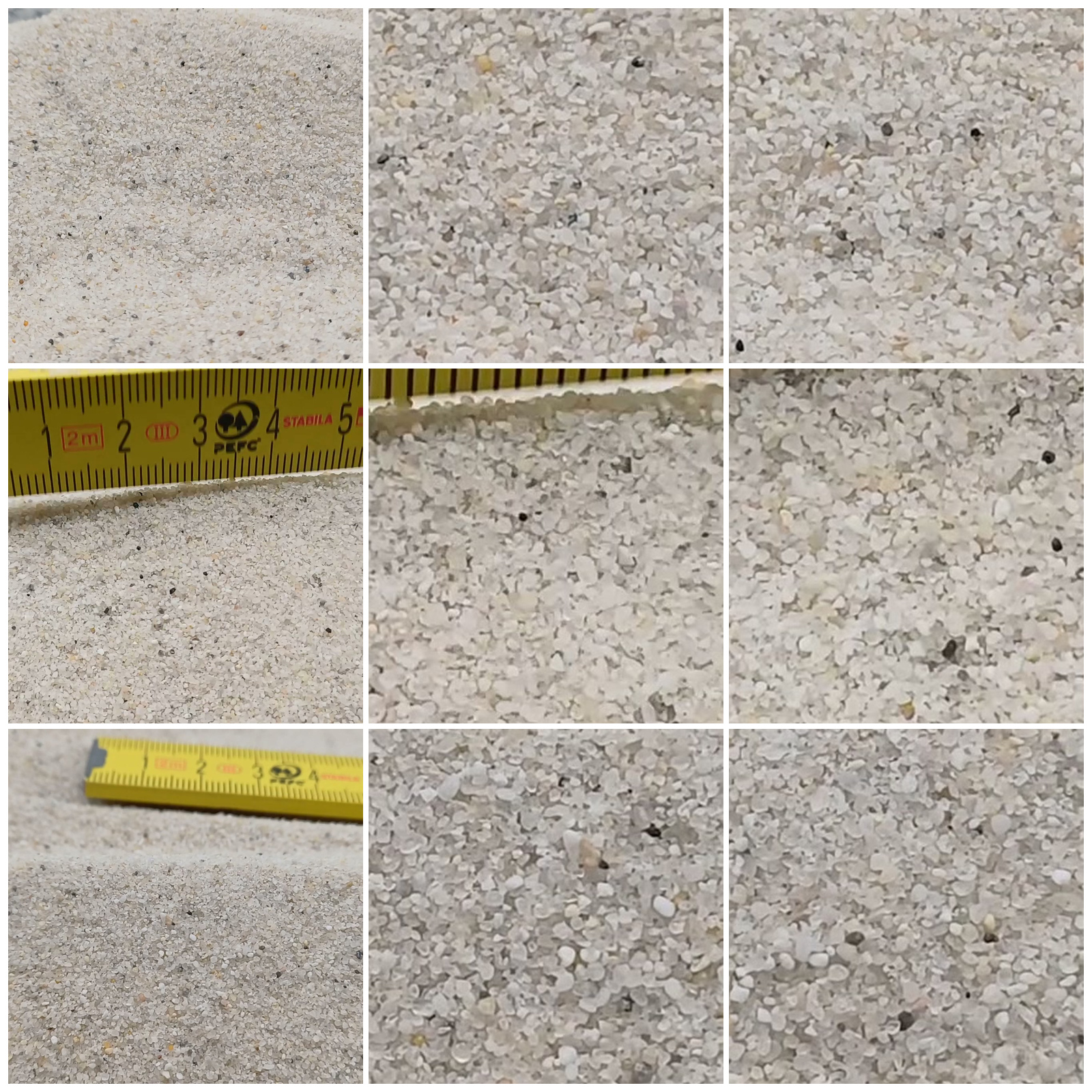 Vogelsand Naturweiß, 0,2–0,8 mm, 23 kg: Collage aus neun Ansichten der Sandoberfläche und Kornstruktur.