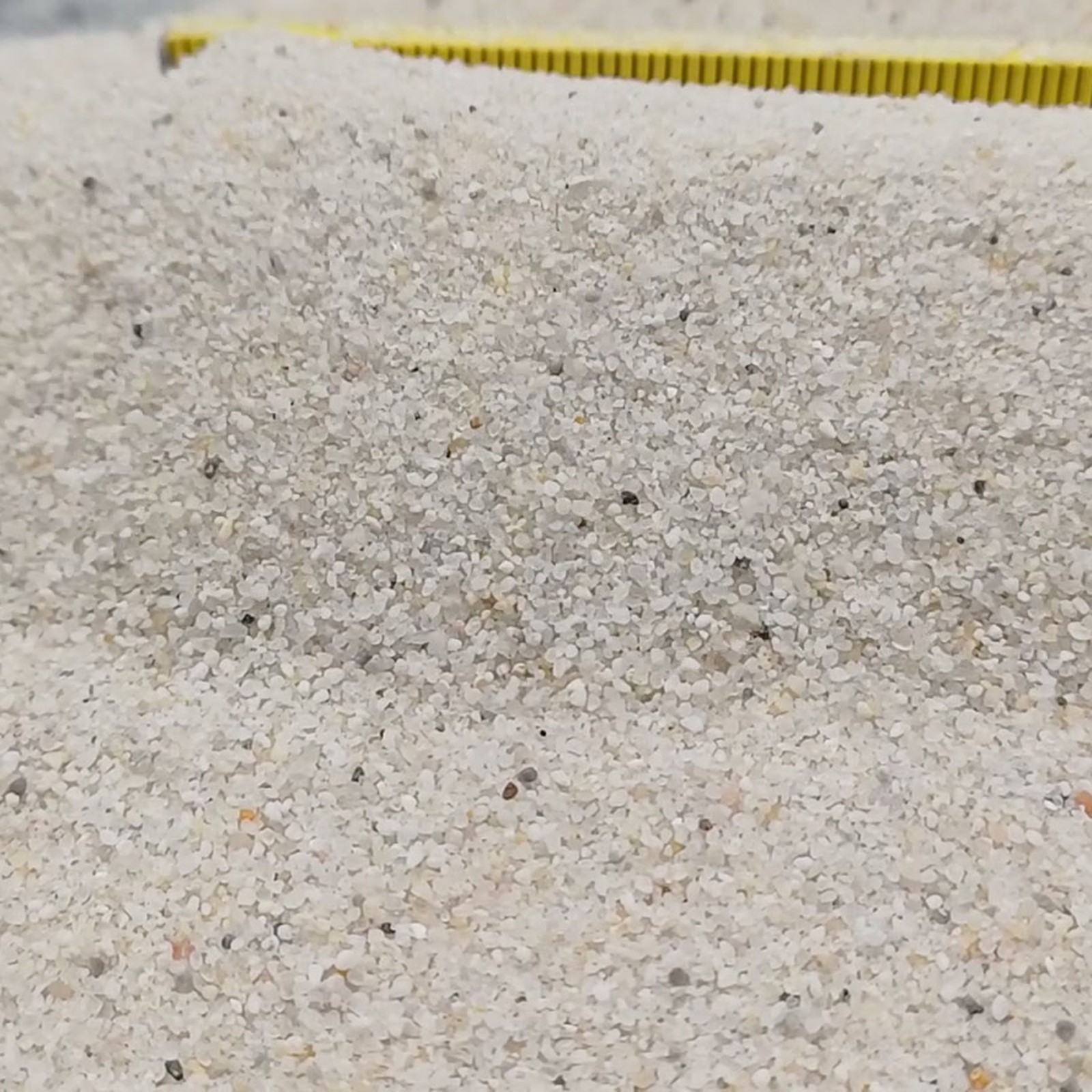 Vogelsand Naturweiß, 0,2–0,8 mm, 7 kg: Zusätzliche Ansicht eines Sandrückens vor dem Maßstab.