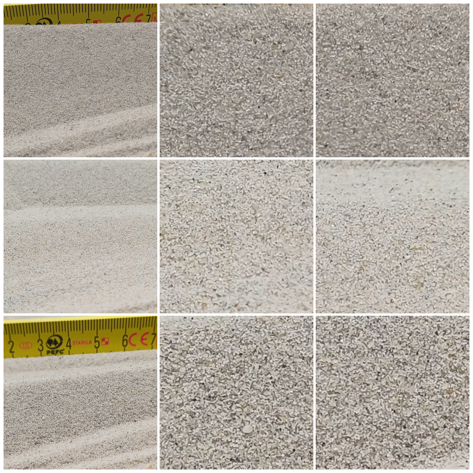 Chinchillasand Naturbeige, 0,1–0,3 mm, 25 kg: Collage aus neun Ansichten der Sandoberfläche und Kornstruktur.