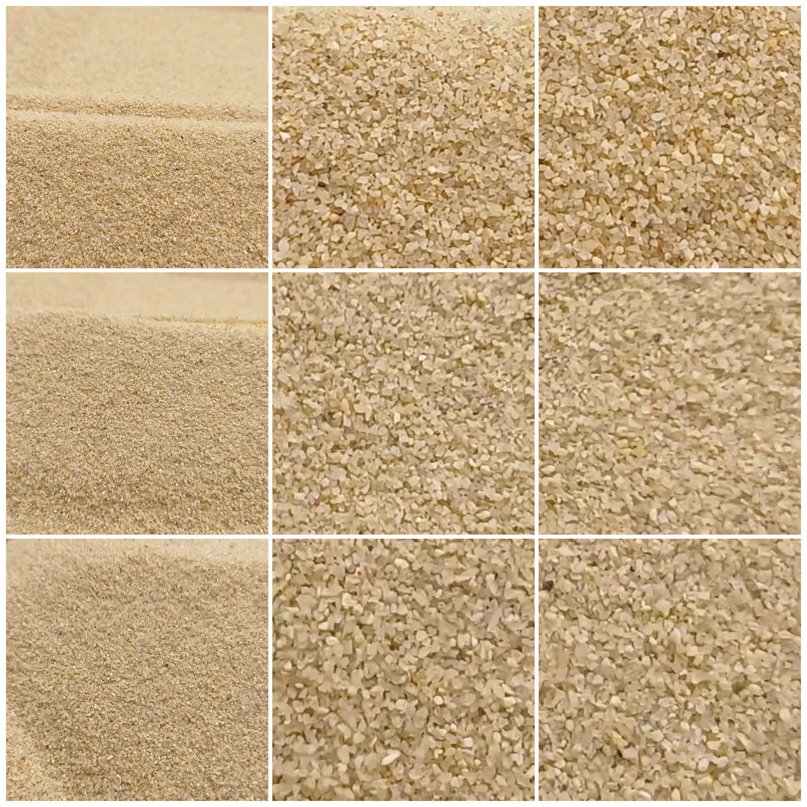 Chinchillasand Naturbeige, 0,1–0,6 mm, 25 kg: Collage aus neun Ansichten der Sandoberfläche und Kornstruktur.