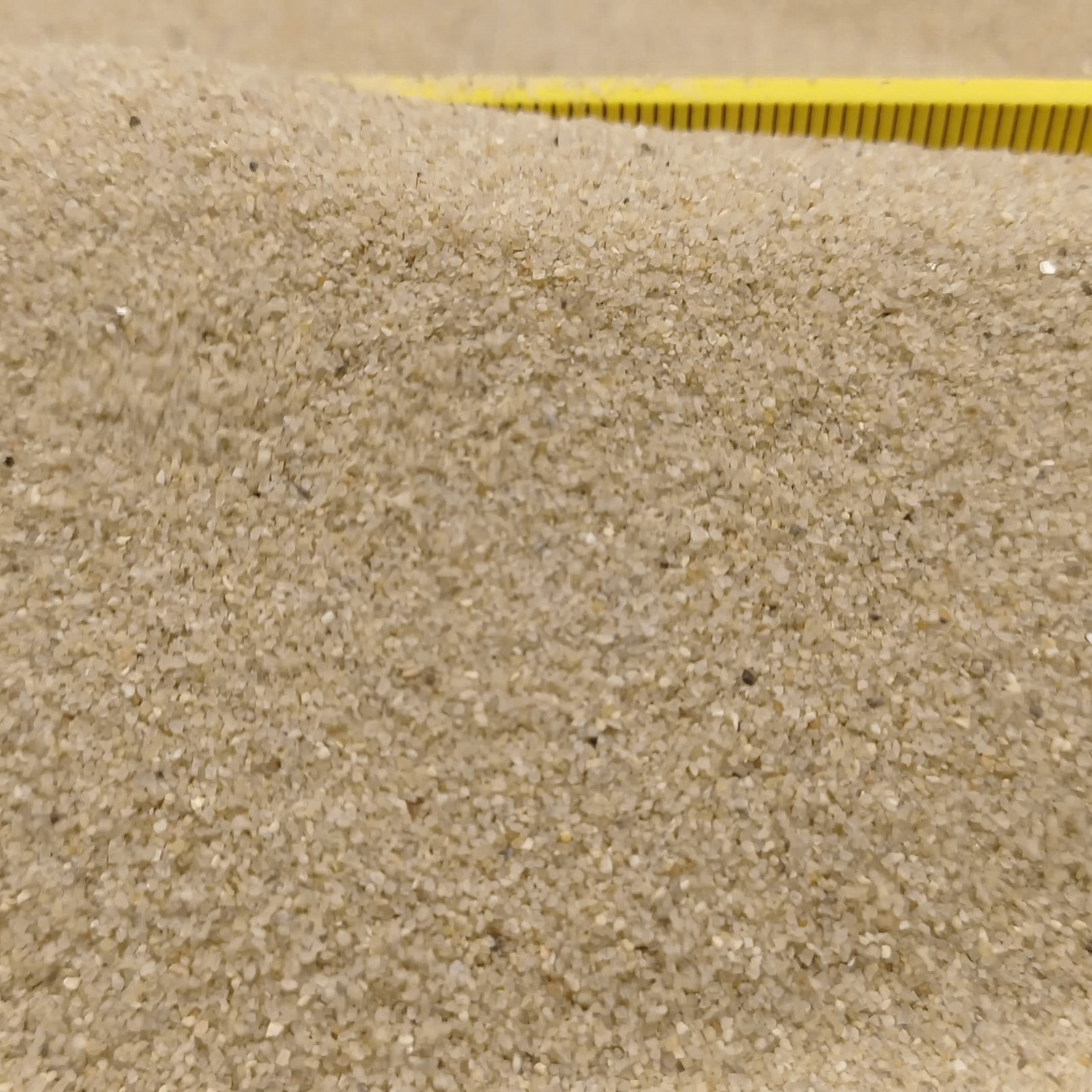 Terrariumsand Naturbeige, 0,3–0,6 mm, 25 kg: Gewölbte Sandfläche mit Maßstab am hinteren Rand.