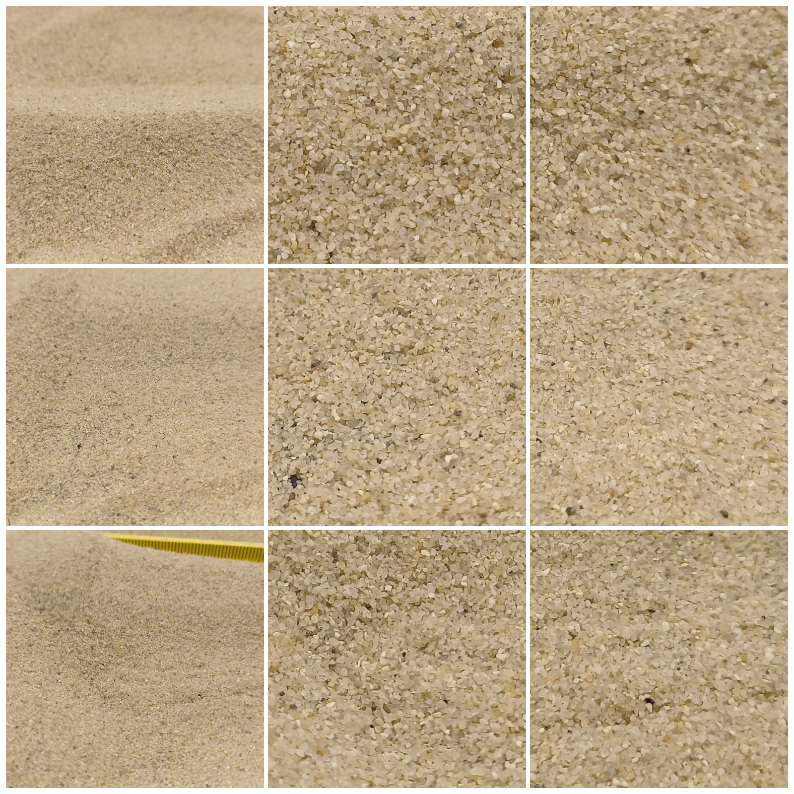 Terrariumsand Naturbeige, 0,3–0,6 mm, 25 kg: Collage aus neun Ansichten der Sandoberfläche und Kornstruktur.